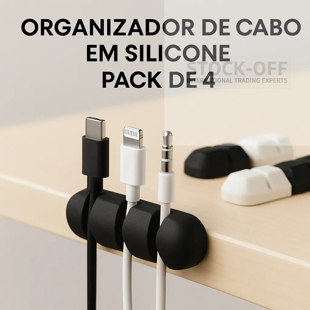 🔌 Organizador de Cabos em Silicone (Pack de 4) – Mesa Sempre Organizada Protech