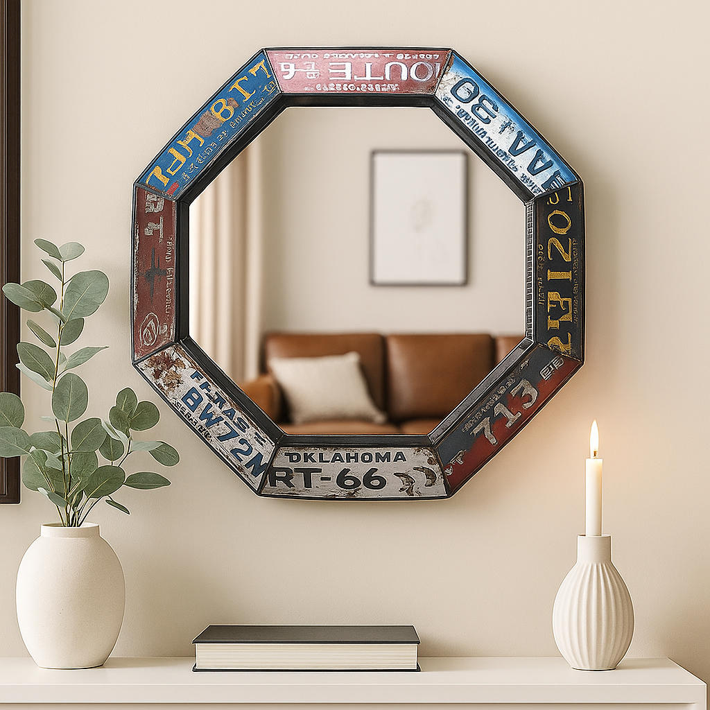 Espelho Octogonal Vintage "License Plates"