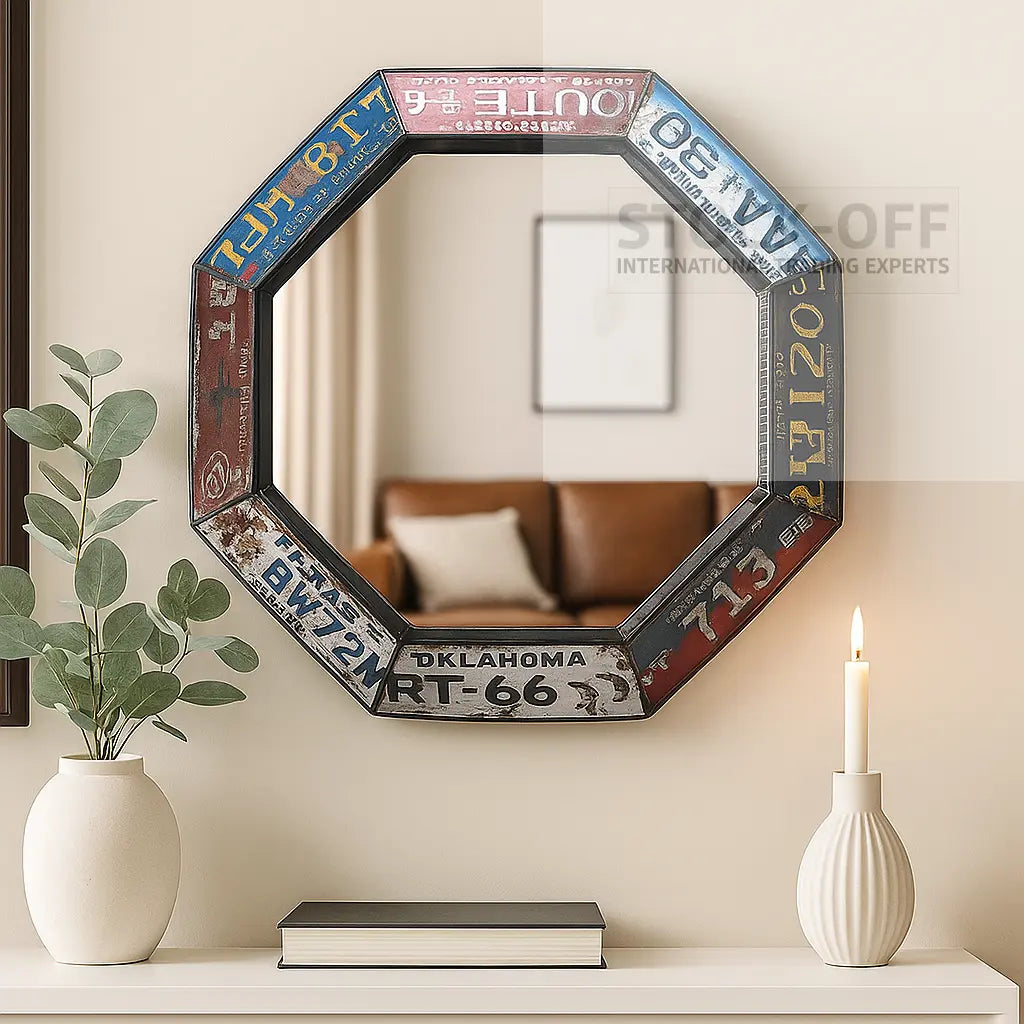 Espelho Octogonal Vintage "License Plates" Stock OFF