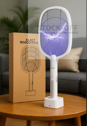 🦟 Raquete Mata-Mosquitos USB 2-em-1 com Base e Luz UV Stock