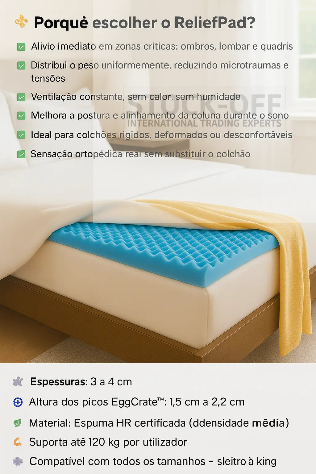 EggFoam Comfort™ ReliefPad – Camada Ortopédica Perfilada para Alívio de Pressão | Espuma HR 35kg/m³ | Fabrico PT 🇵🇹 Colchões Stock Off