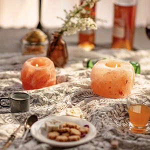 Suporte para Vela de Sal do Himalaia DEFIMOB Design Mineral Elegante de Rosa Acabamento Escovado Perfeito para Centro de Mesa Presente