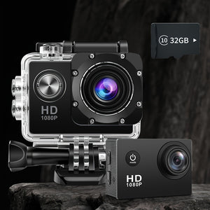 Cmara de ao HD 1080P da OURLIFE com kit de acessrios completo ecr OLED de 2 polegadas estabilizao de imagem digital controlo automtico de exposio conectividade USB formato MP4 lente fisheye autofoco hbrido medio ponderada no centro