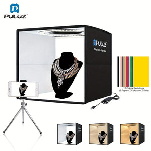 Caixa de Luz Estdio Fotogrfico PULUZ 98 Polegadas Instalao Rpida e Dobrvel Kit de Estdio Porttil Com Tecido de Luz Suave Tenda de Fotografia ou Equipamento Ajustvel Luz Branca Luz Suave Luz Quente Com 12 Fundos de Cores 6 Papis 2 Cores