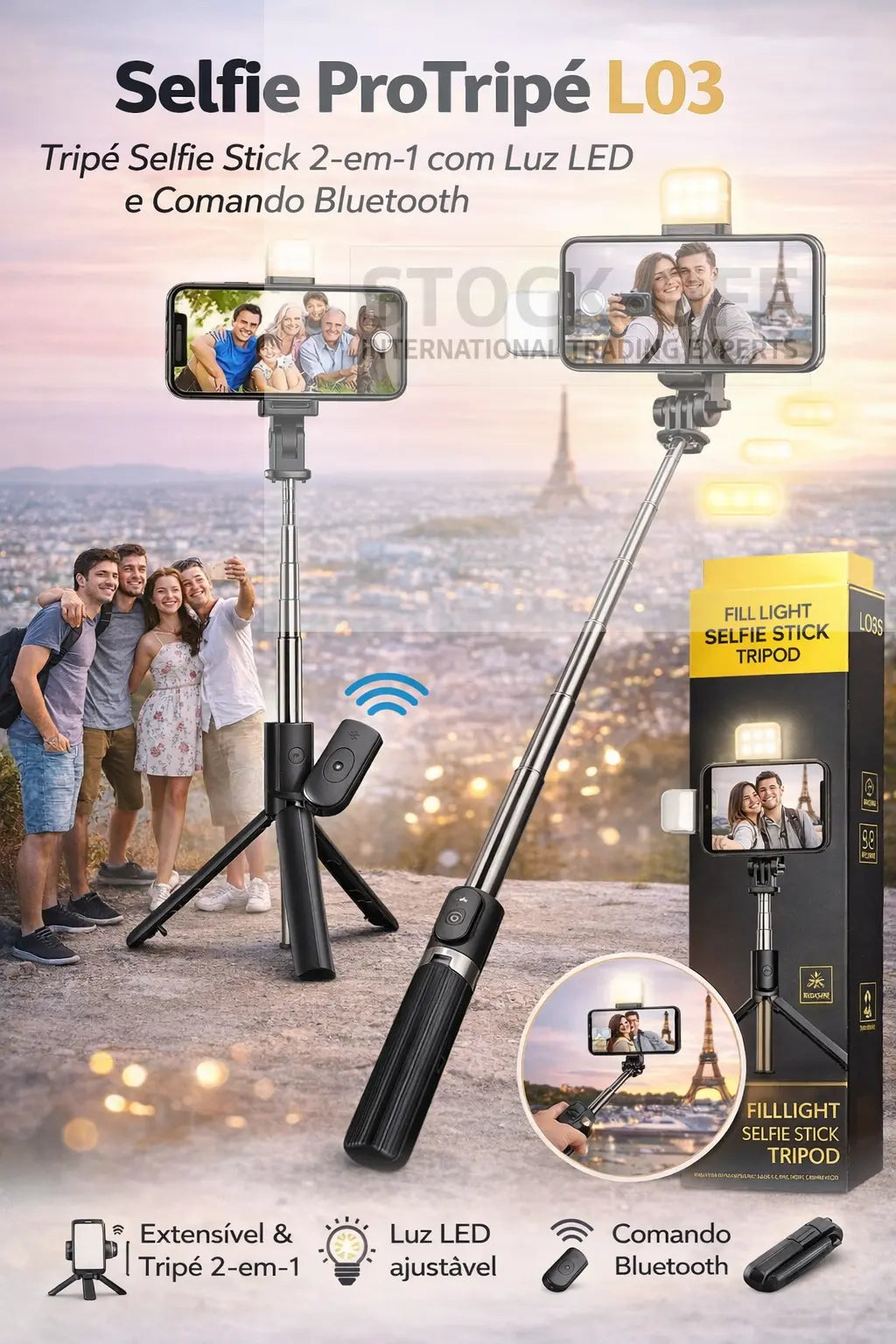 🔥 SUPER DEALS -SnapLight Pro L03 | Selfie Stick & Tripé 2-em-1 com Luz LED e Comando Bluetooth | Testado Porto™ | -70% 🇵🇹 Stock