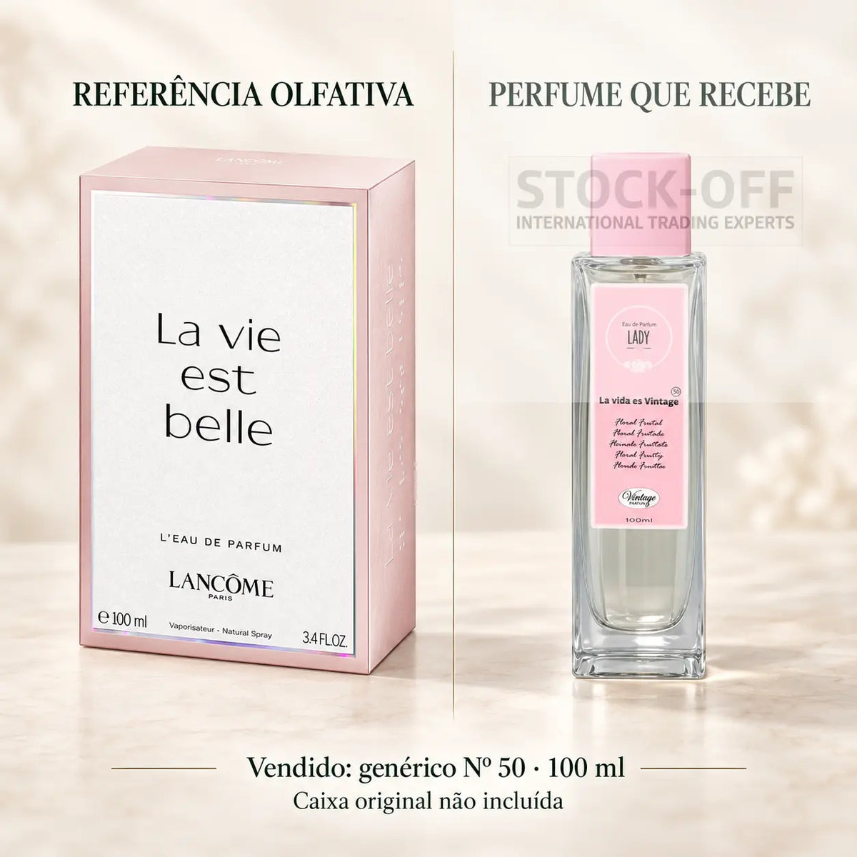 Referência olfativa à esquerda; perfume genérico Nº 50 de 100 ml vendido à direita. Caixa original não incluída.