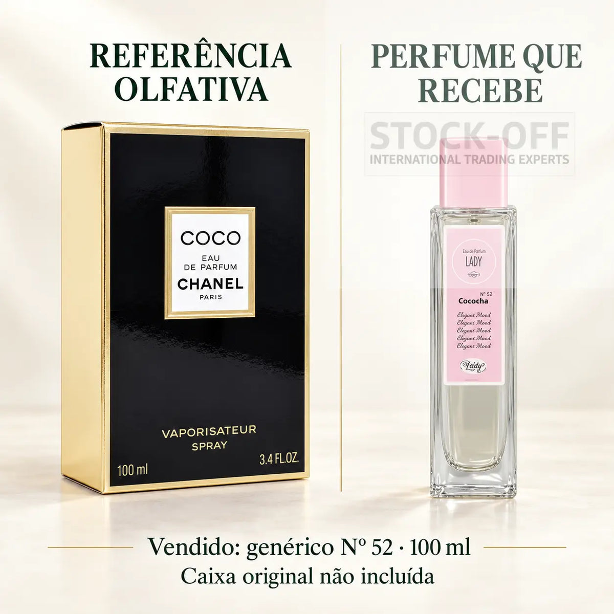 Referência olfativa à esquerda; perfume genérico Nº 52 de 100 ml vendido à direita. Caixa original não incluída.