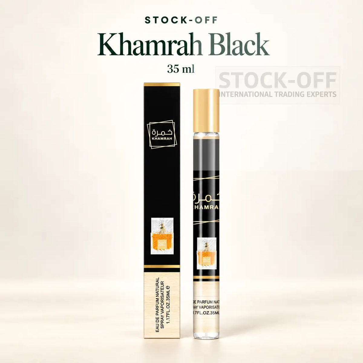 Khamrah Black 35 ml — frasco de viagem e caixa, Stock-Off