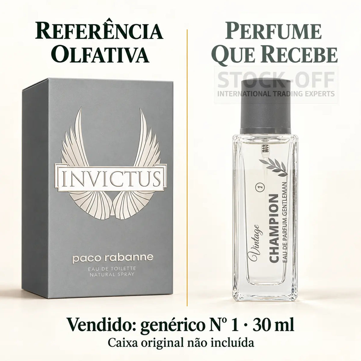 Referência olfativa à esquerda e frasco do perfume genérico Nº 1 de 30 ml vendido à direita. Caixa original não incluída.