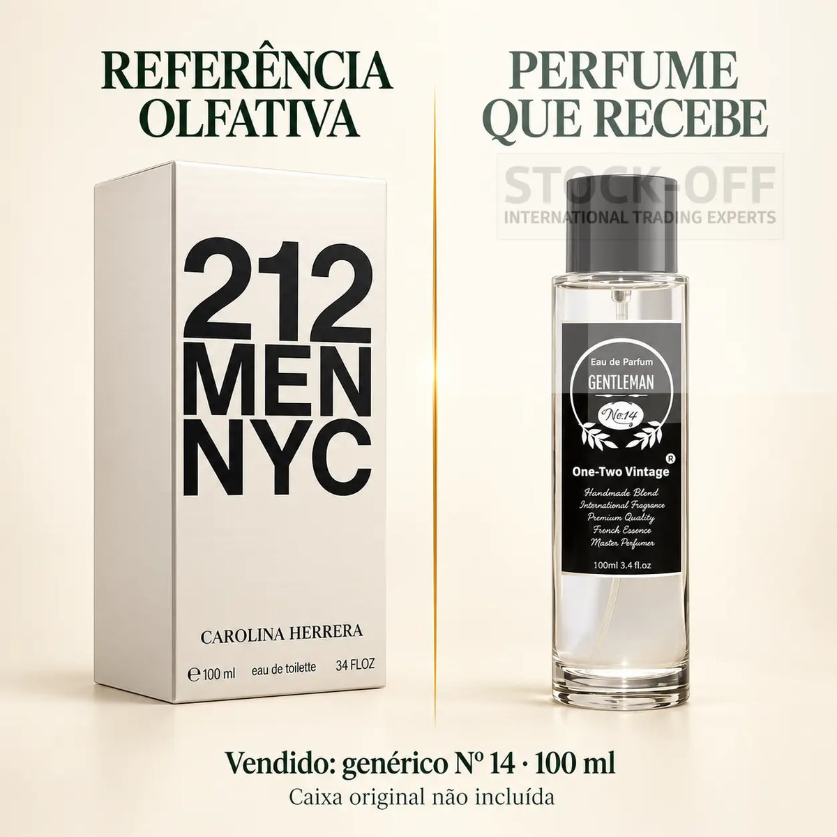 Referência olfativa à esquerda e frasco do perfume genérico Nº 14 de 100 ml vendido à direita. Caixa original não incluída.