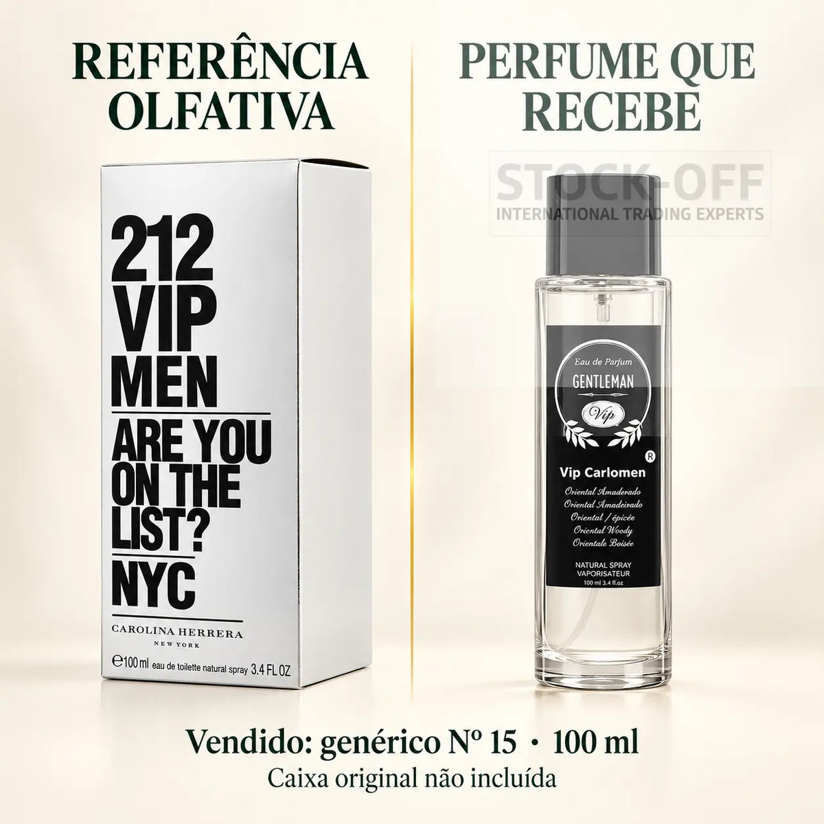 Referência olfativa à esquerda e frasco do perfume genérico Nº 15 de 100 ml vendido à direita. Caixa original não incluída.