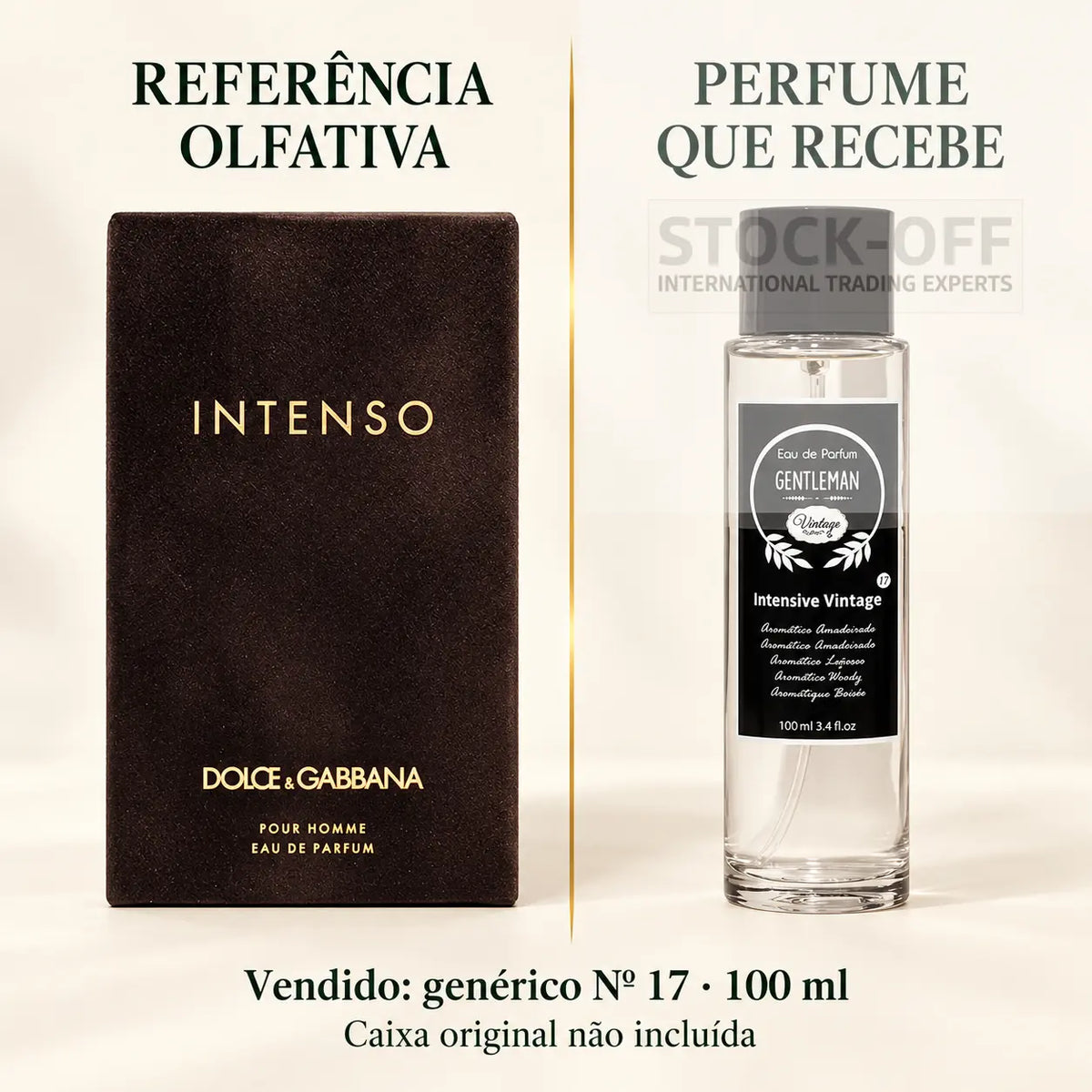 Referência olfativa à esquerda e frasco do perfume genérico Nº 17 de 100 ml vendido à direita. Caixa original não incluída.