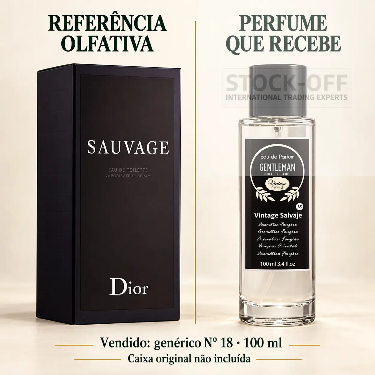 Referência olfativa à esquerda e frasco do perfume genérico Nº 18 de 100 ml vendido à direita. Caixa original não incluída.