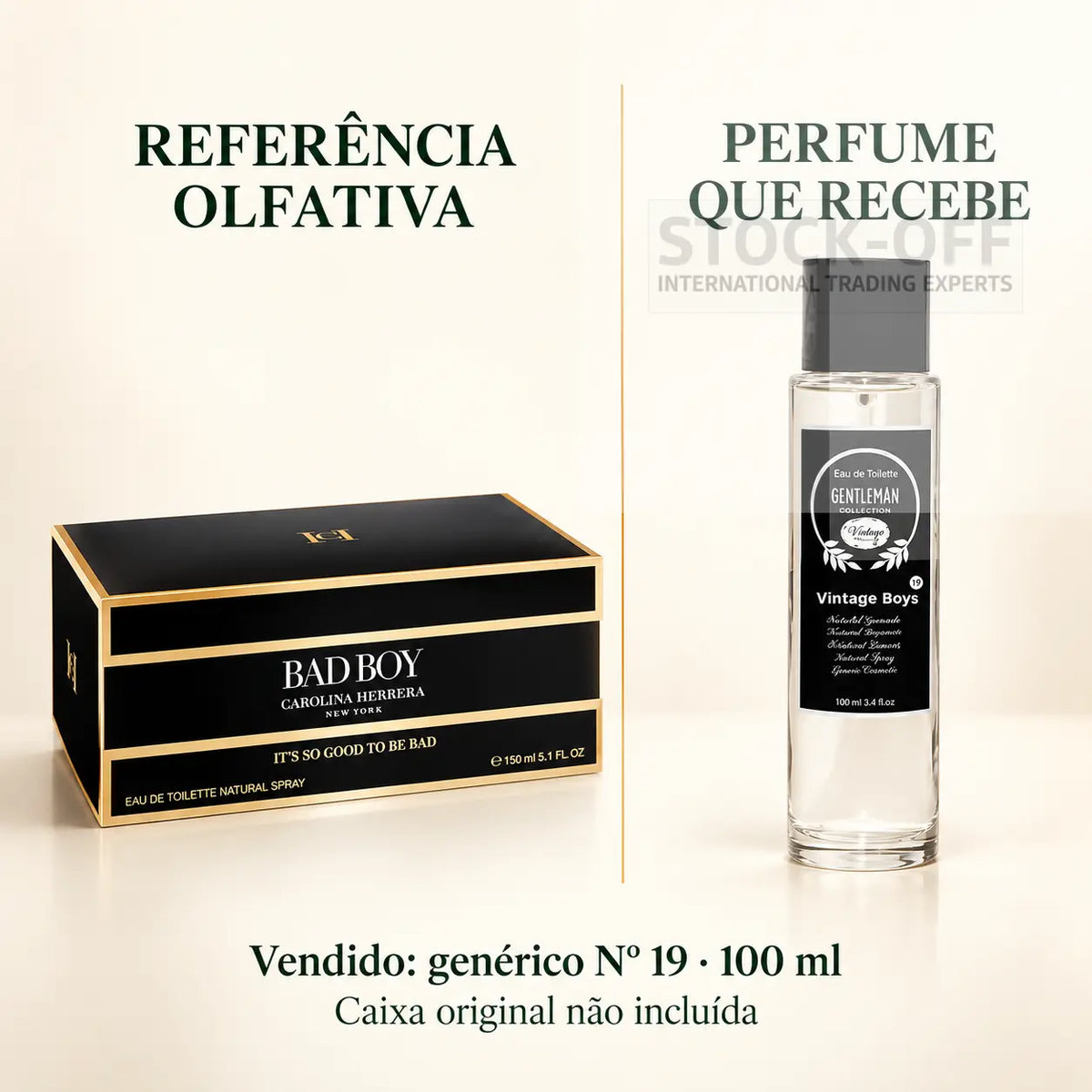 Referência olfativa à esquerda e frasco do perfume genérico Nº 19 de 100 ml vendido à direita. Caixa original não incluída.