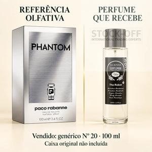 Referência olfativa à esquerda e frasco do perfume genérico Nº 20 de 100 ml vendido à direita. Caixa original não incluída.