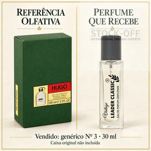 Referência olfativa à esquerda e frasco do perfume genérico Nº 3 de 30 ml vendido à direita. Caixa original não incluída.