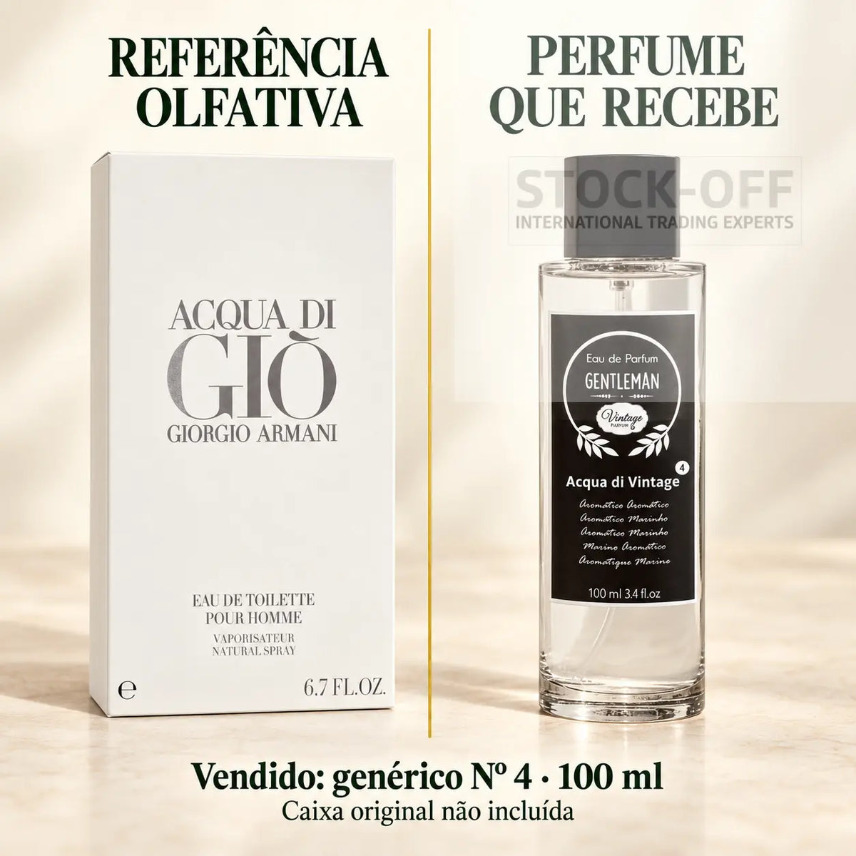 Referência olfativa à esquerda e frasco do perfume genérico Nº 4 de 100 ml vendido à direita. Caixa original não incluída.