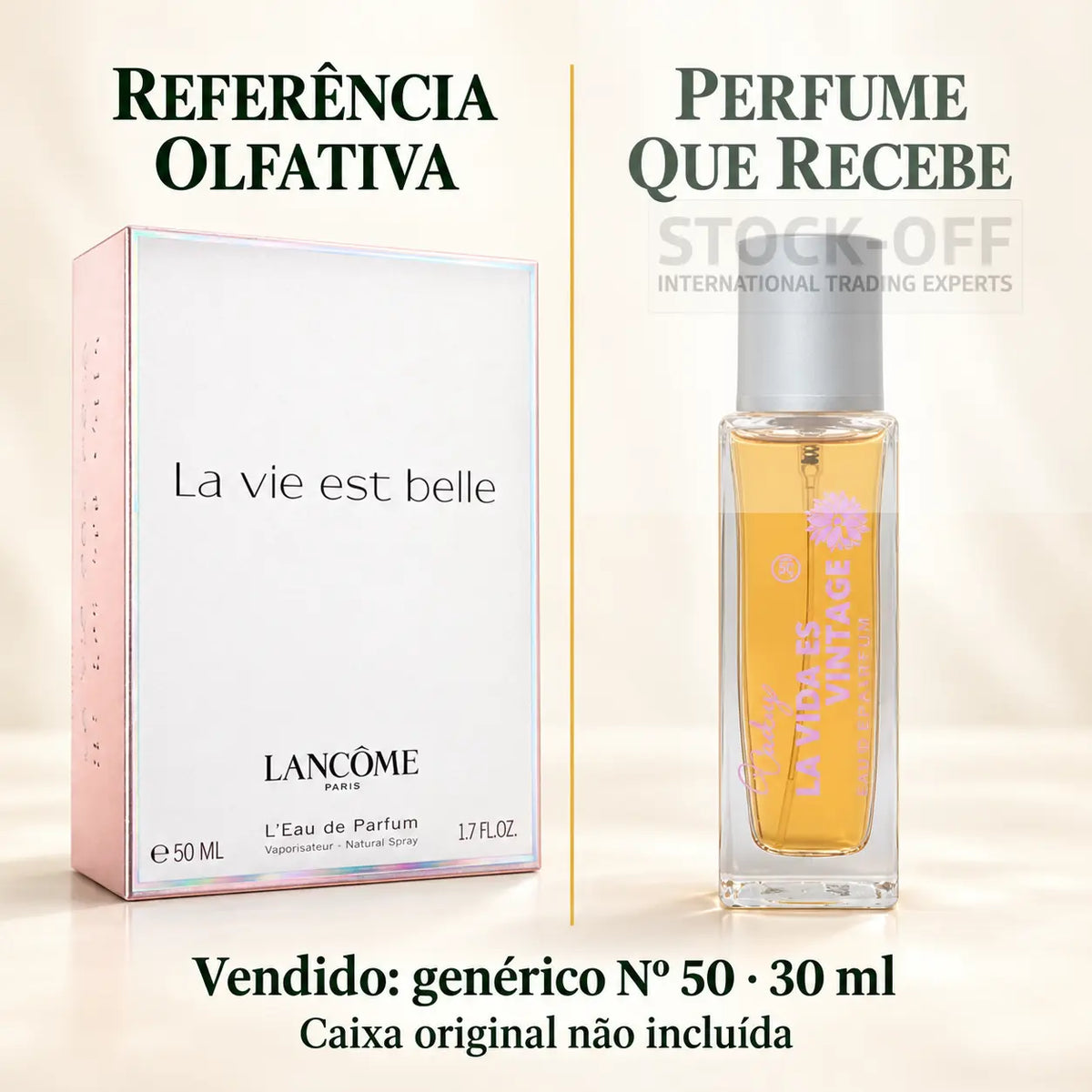 Referência olfativa à esquerda e frasco do perfume genérico Nº 50 de 30 ml vendido à direita. Caixa original não incluída.
