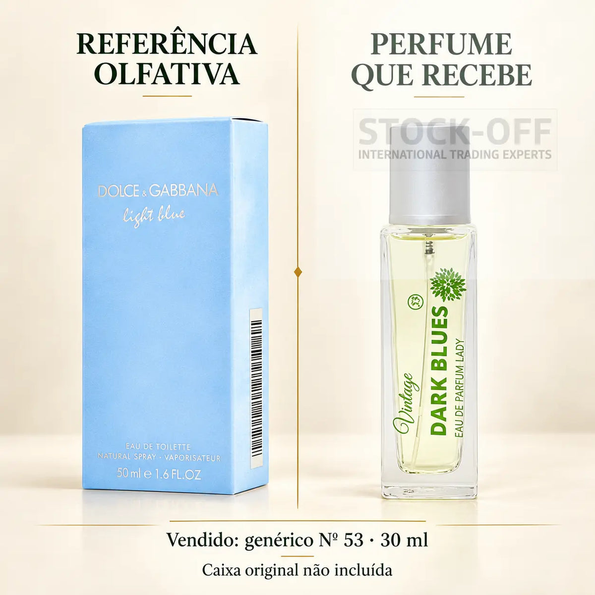 Referência olfativa à esquerda e frasco do perfume genérico Nº 53 de 30 ml vendido à direita. Caixa original não incluída.