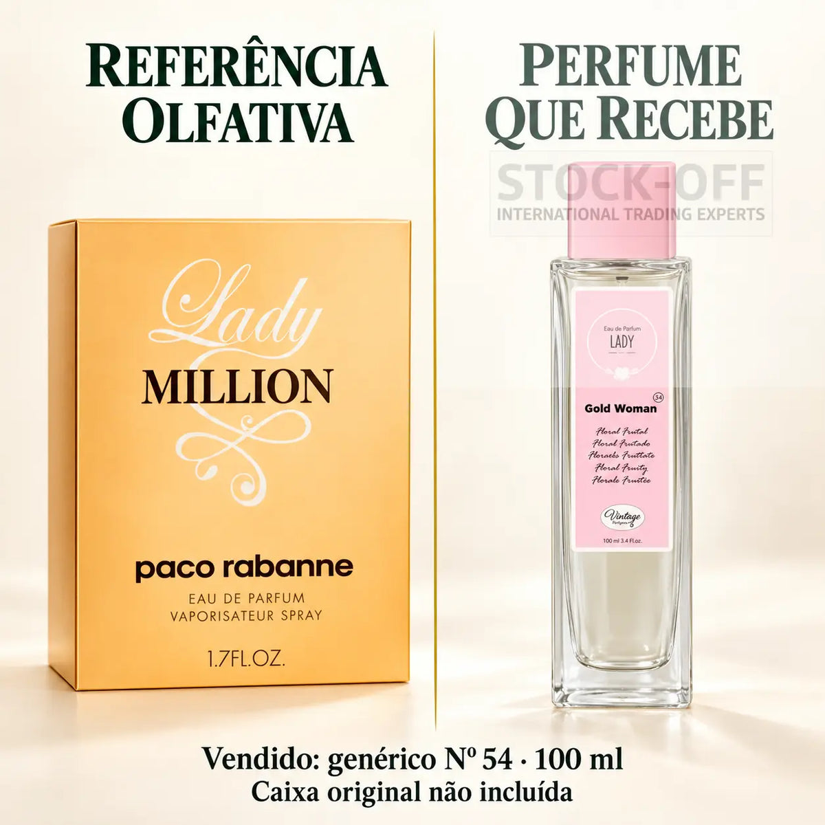 Referência olfativa à esquerda e frasco do perfume genérico Nº 54 de 100 ml vendido à direita. Caixa original não incluída.