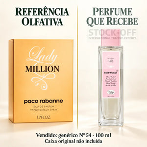 Referência olfativa à esquerda e frasco do perfume genérico Nº 54 de 100 ml vendido à direita. Caixa original não incluída.