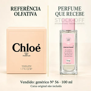 Referência olfativa à esquerda e frasco do perfume genérico Nº 56 de 100 ml vendido à direita. Caixa original não incluída.