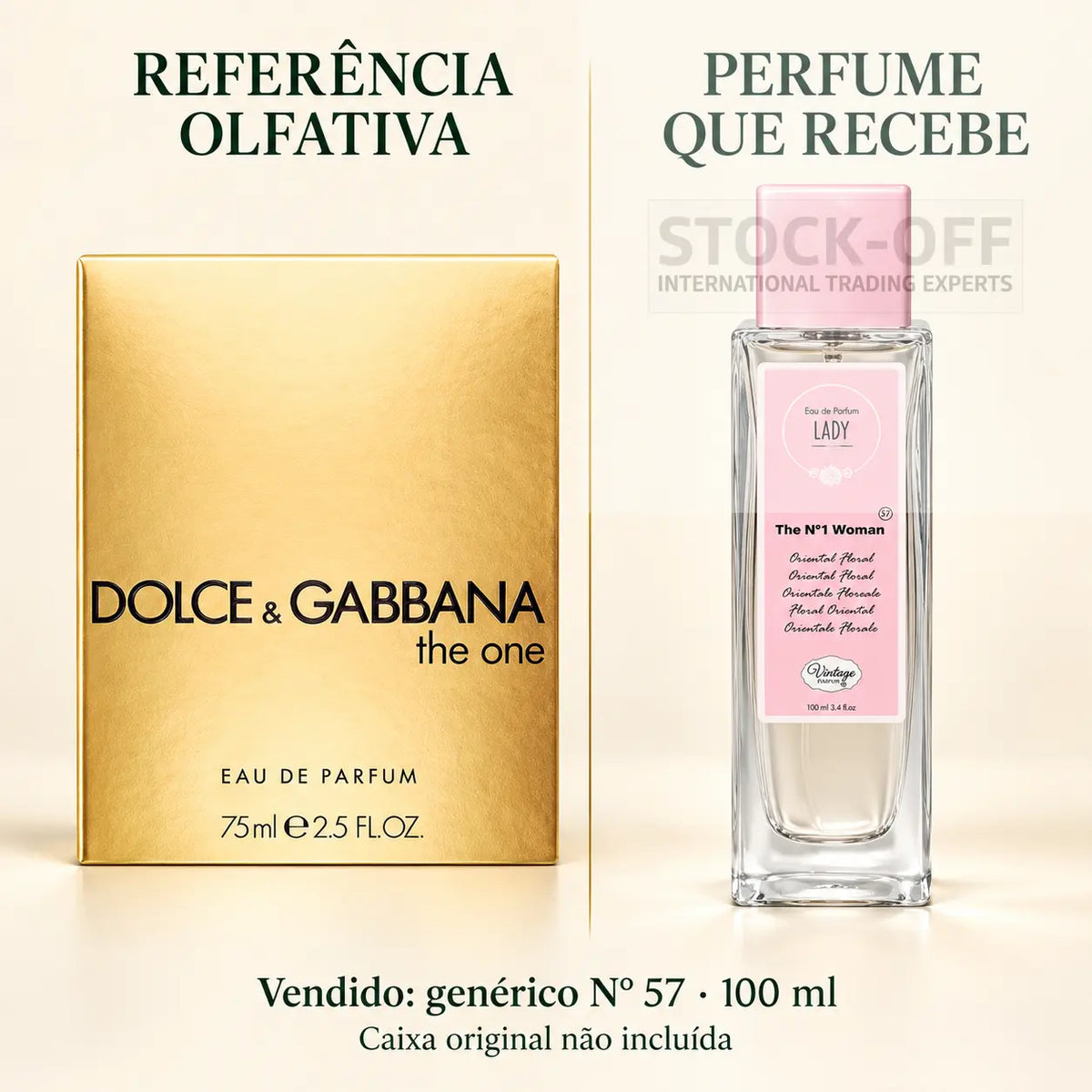 Referência olfativa à esquerda e frasco do perfume genérico Nº 57 de 100 ml vendido à direita. Caixa original não incluída.