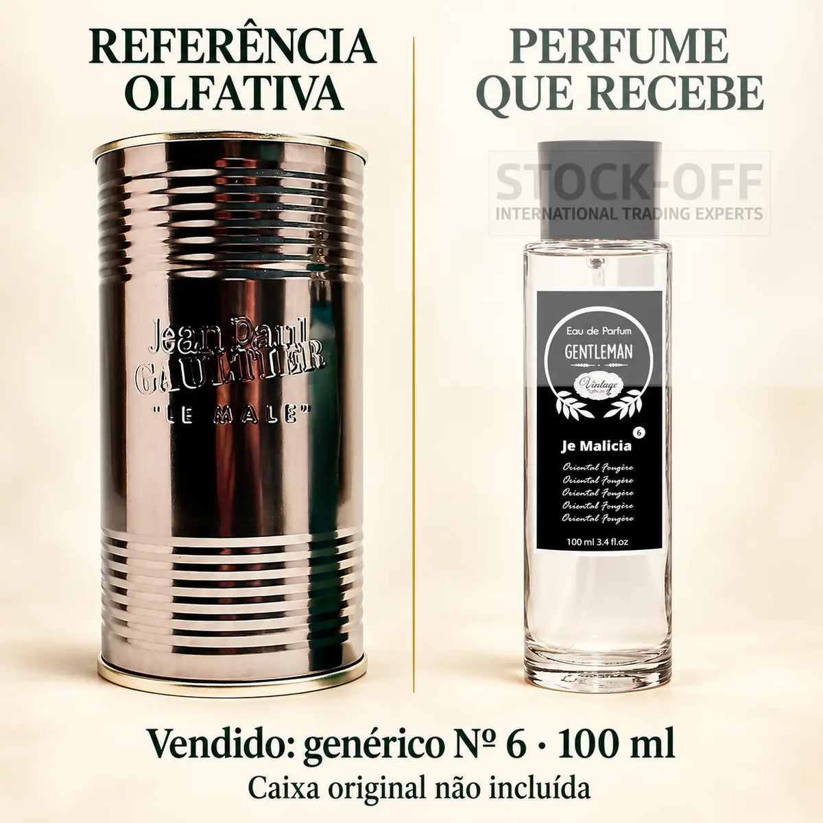 Referência olfativa à esquerda e frasco do perfume genérico Nº 6 de 100 ml vendido à direita. Caixa original não incluída.