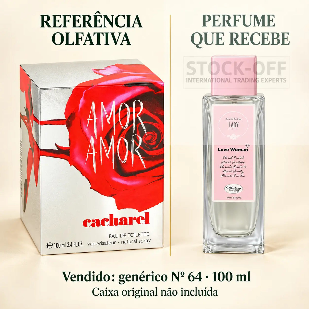 Referência olfativa à esquerda e frasco do perfume genérico Nº 64 de 100 ml vendido à direita. Caixa original não incluída.