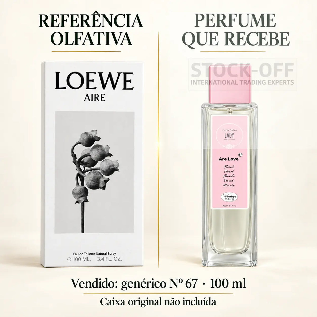 Referência olfativa à esquerda e frasco do perfume genérico Nº 67 de 100 ml vendido à direita. Caixa original não incluída.
