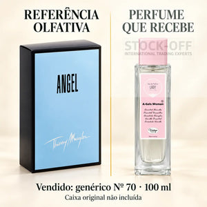 Referência olfativa à esquerda e frasco do perfume genérico Nº 70 de 100 ml vendido à direita. Caixa original não incluída.