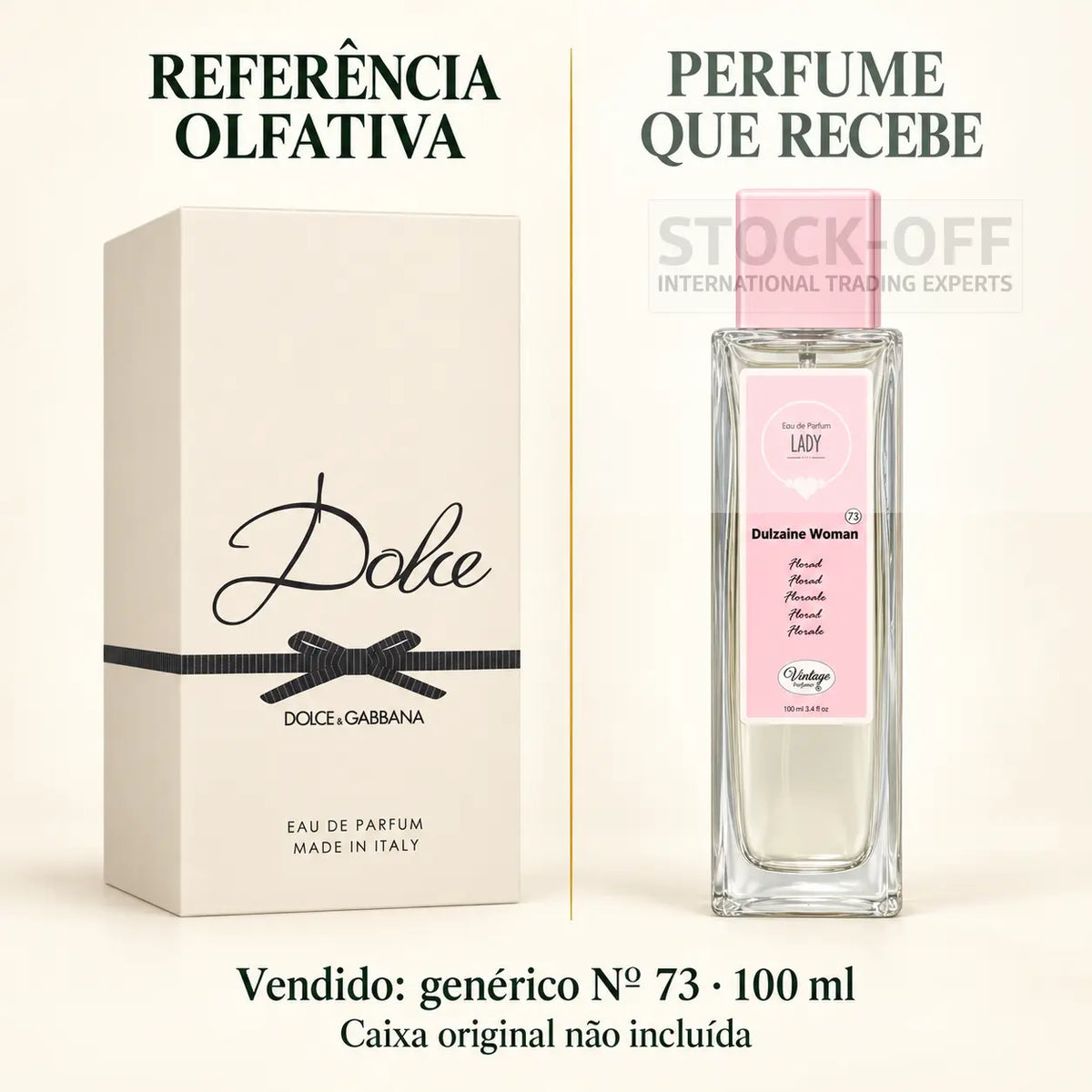 Referência olfativa à esquerda e frasco do perfume genérico Nº 73 de 100 ml vendido à direita. Caixa original não incluída.