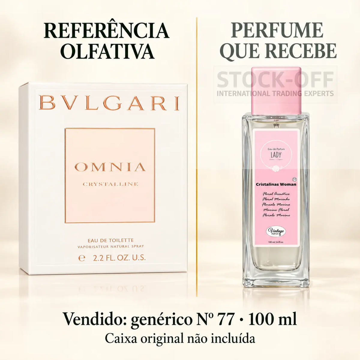 Referência olfativa à esquerda e frasco do perfume genérico Nº 77 de 100 ml vendido à direita. Caixa original não incluída.