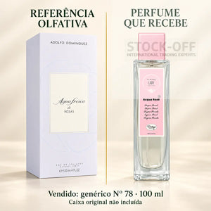 Referência olfativa à esquerda e frasco do perfume genérico Nº 78 de 100 ml vendido à direita. Caixa original não incluída.