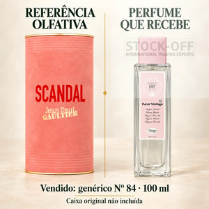 Referência olfativa à esquerda e frasco do perfume genérico Nº 84 de 100 ml vendido à direita. Caixa original não incluída.