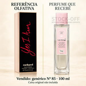 Referência olfativa à esquerda e frasco do perfume genérico Nº 85 de 100 ml vendido à direita. Caixa original não incluída.