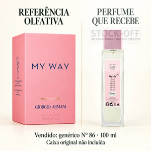 Referência olfativa à esquerda e frasco do perfume genérico Nº 86 de 100 ml vendido à direita. Caixa original não incluída.