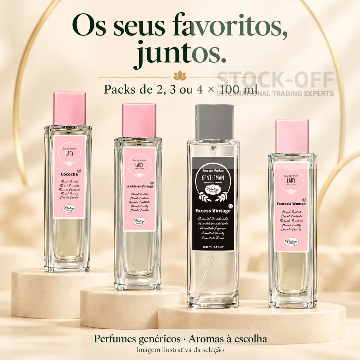 Pack de perfumes genéricos de 100 ml. Aromas à escolha; imagem ilustrativa da seleção.