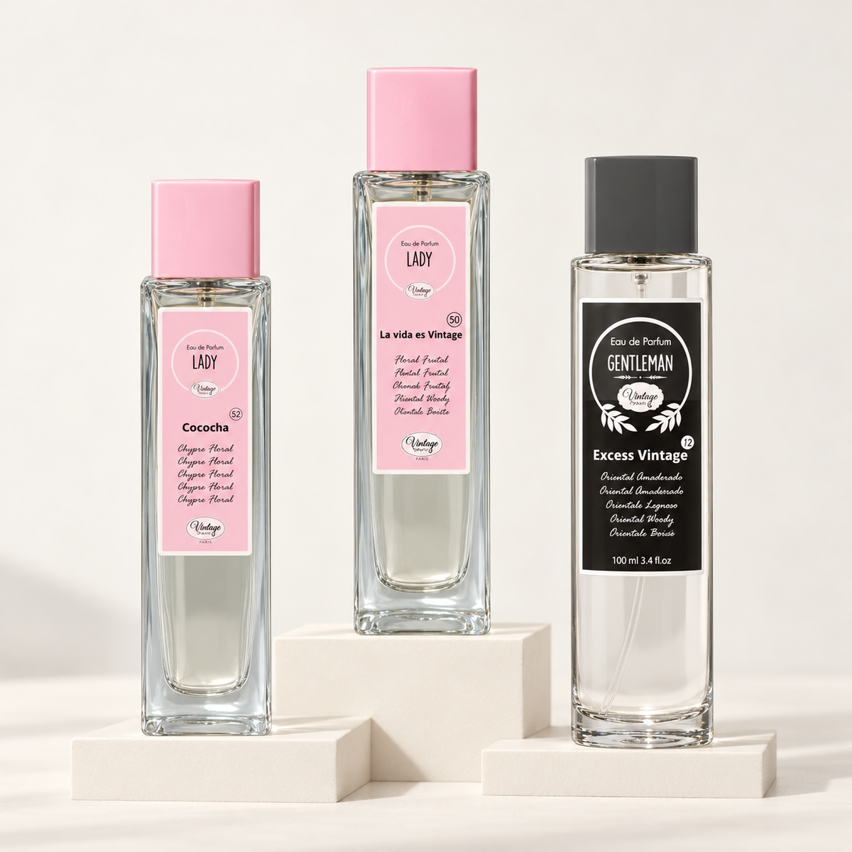 Coleção Stock OFF de perfumes genéricos de 30 e 100 ml, com os frascos Nº 52 Cococha, Nº 50 e Nº 12.