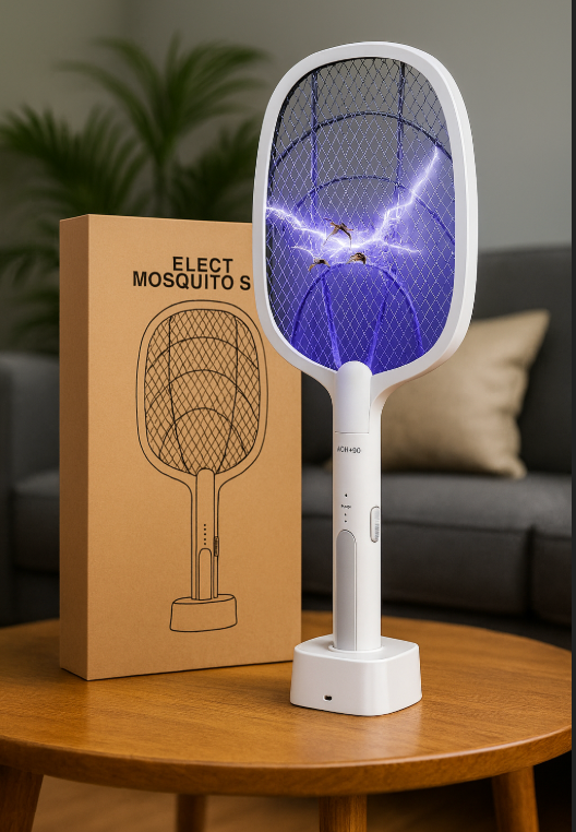 🦟 Raquete Mata-Mosquitos USB 2-em-1 com Base e Luz UV