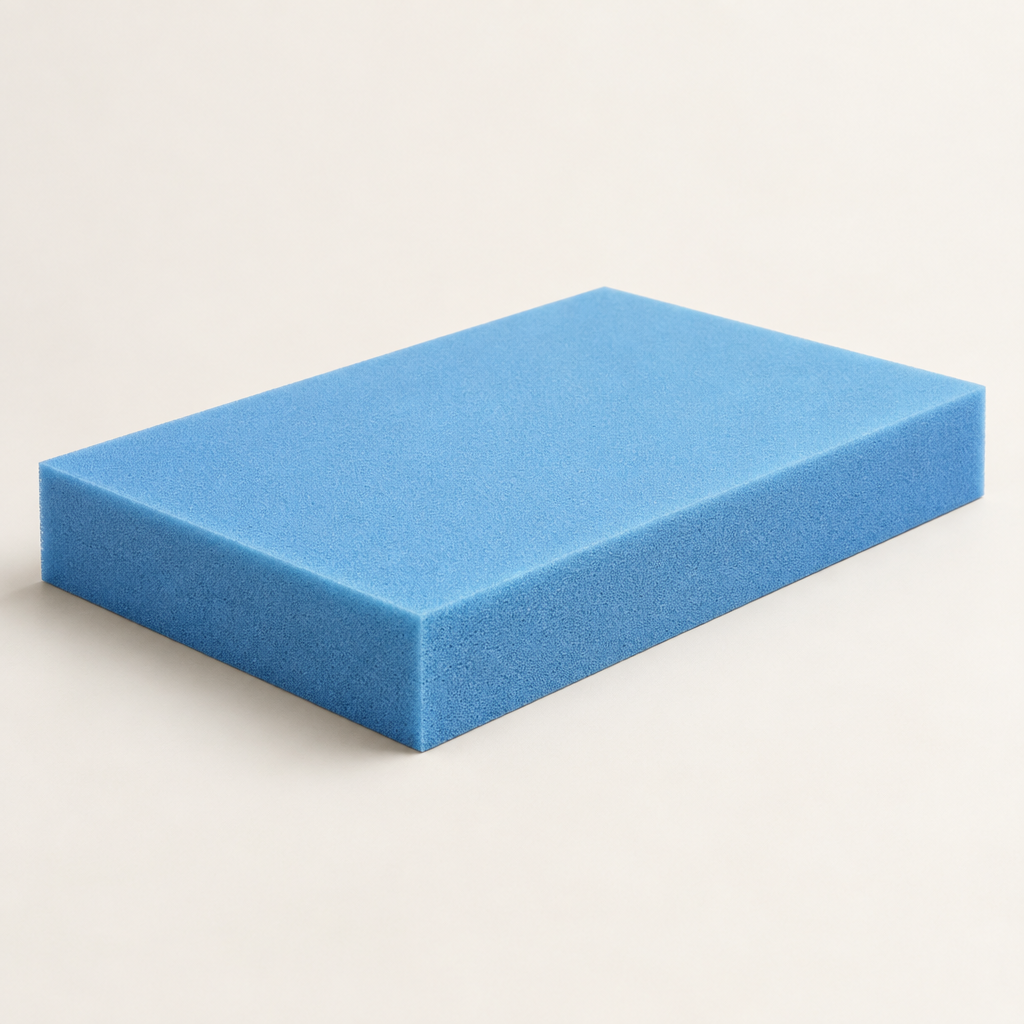 Placa de espuma azul para assentos, sem tecido, em fundo neutro