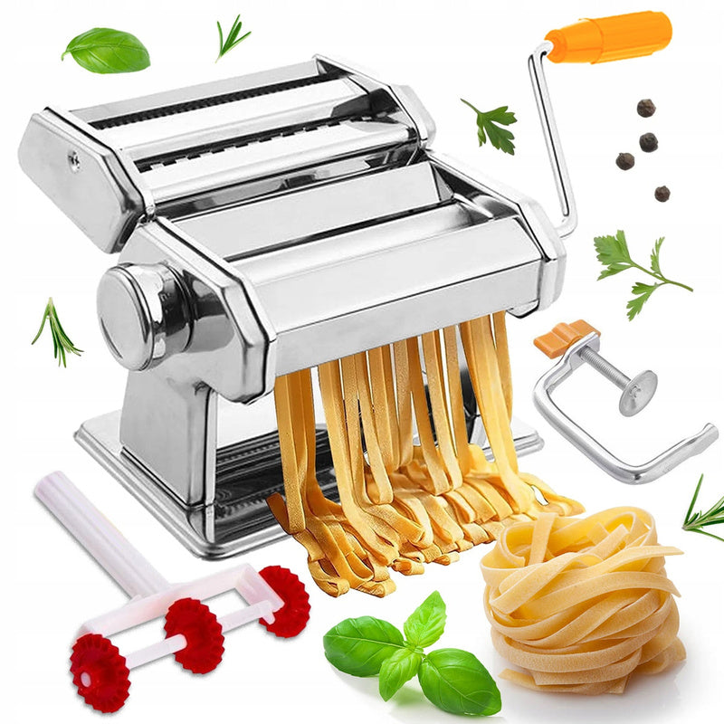 2 em 1 Fazedor de Massa e Pasta com Ala e Grampo Acessrio de Ao Inoxidvel de Alta Qualidade Inclui Rolo de Massa e Duas Facas para Corte Pronto para Preparar Espaguete e Fettuccine Frescos Antiderrapante e Estvel para Bancada Fcil de Usar e L