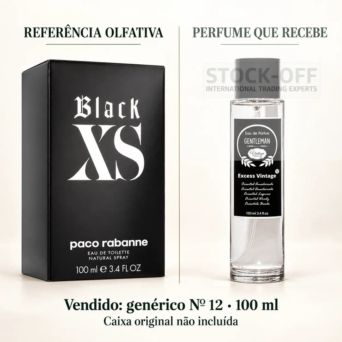 Referência olfativa à esquerda; perfume genérico Nº 12 de 100 ml vendido à direita. Caixa original não incluída.