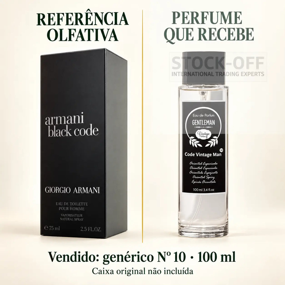 Referência olfativa à esquerda e frasco do perfume genérico Nº 10 de 100 ml vendido à direita. Caixa original não incluída.