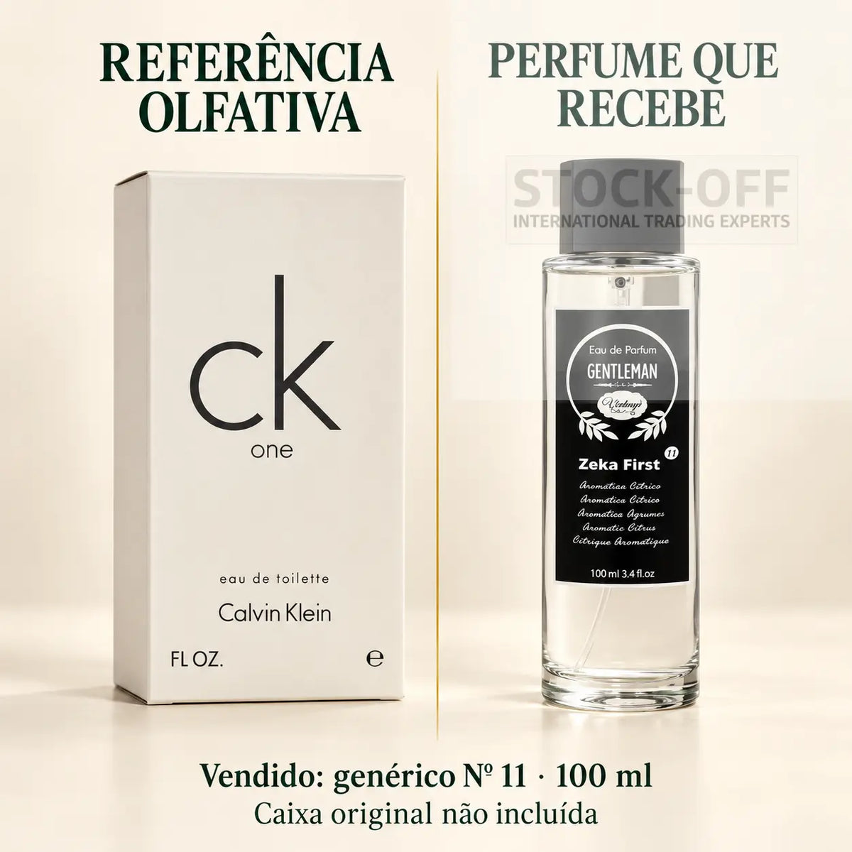 Referência olfativa à esquerda e frasco do perfume genérico Nº 11 de 100 ml vendido à direita. Caixa original não incluída.
