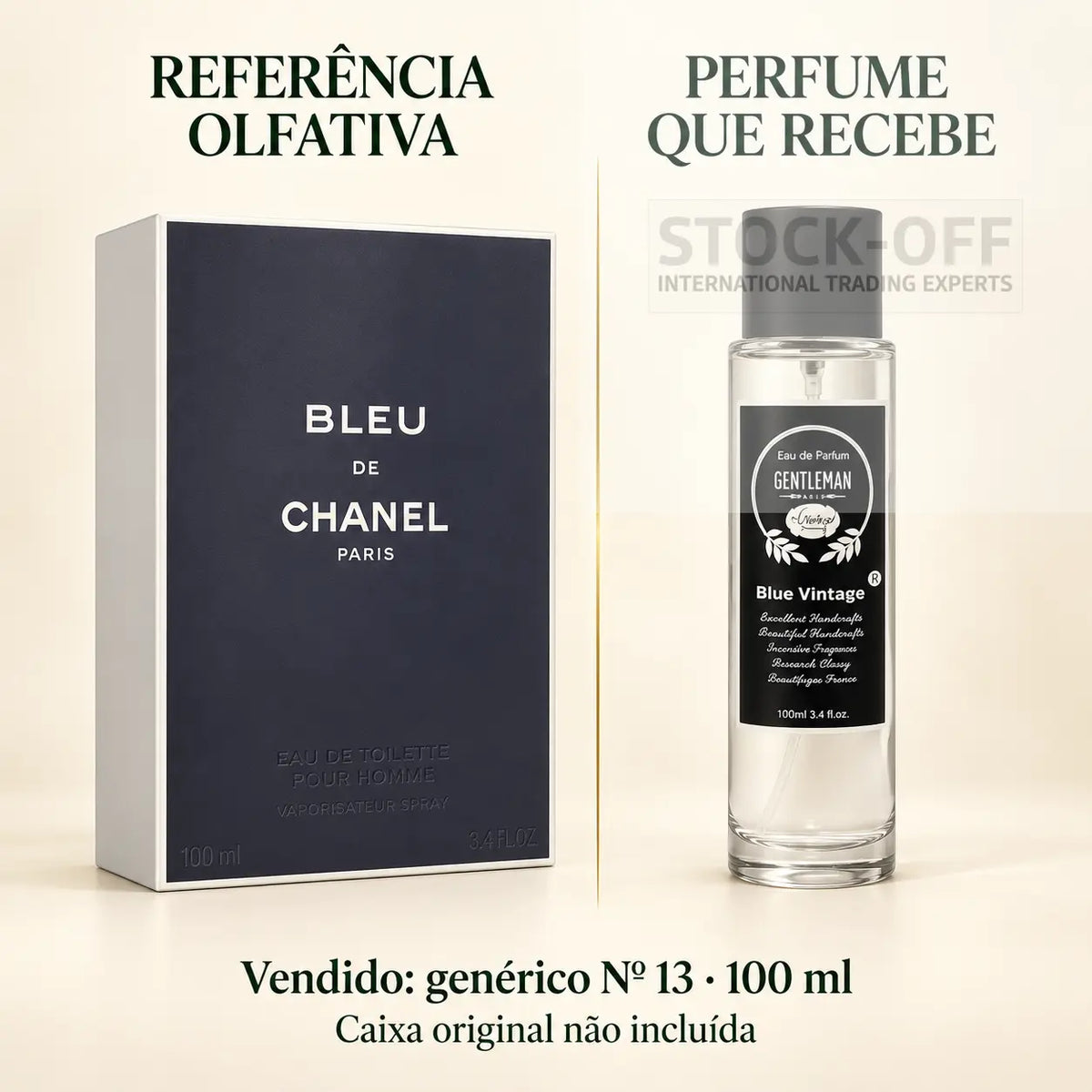 Referência olfativa à esquerda e frasco do perfume genérico Nº 13 de 100 ml vendido à direita. Caixa original não incluída.