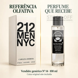 Referência olfativa à esquerda e frasco do perfume genérico Nº 14 de 100 ml vendido à direita. Caixa original não incluída.