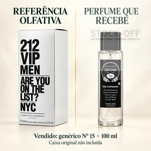 Referência olfativa à esquerda e frasco do perfume genérico Nº 15 de 100 ml vendido à direita. Caixa original não incluída.