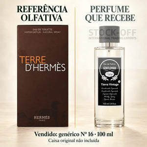 Referência olfativa à esquerda e frasco do perfume genérico Nº 16 de 100 ml vendido à direita. Caixa original não incluída.