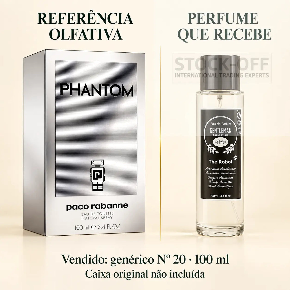 Referência olfativa à esquerda e frasco do perfume genérico Nº 20 de 100 ml vendido à direita. Caixa original não incluída.